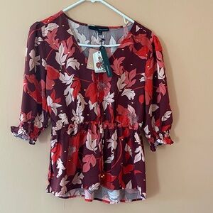 Lush Burgundy and White Floral Blouse